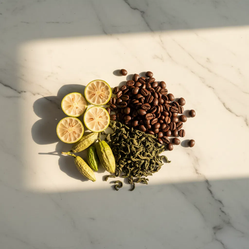 Flat lay of green coffee beans, rolled green tea leaves, garcinia fruit halves and botanical ingredients on a marble surface