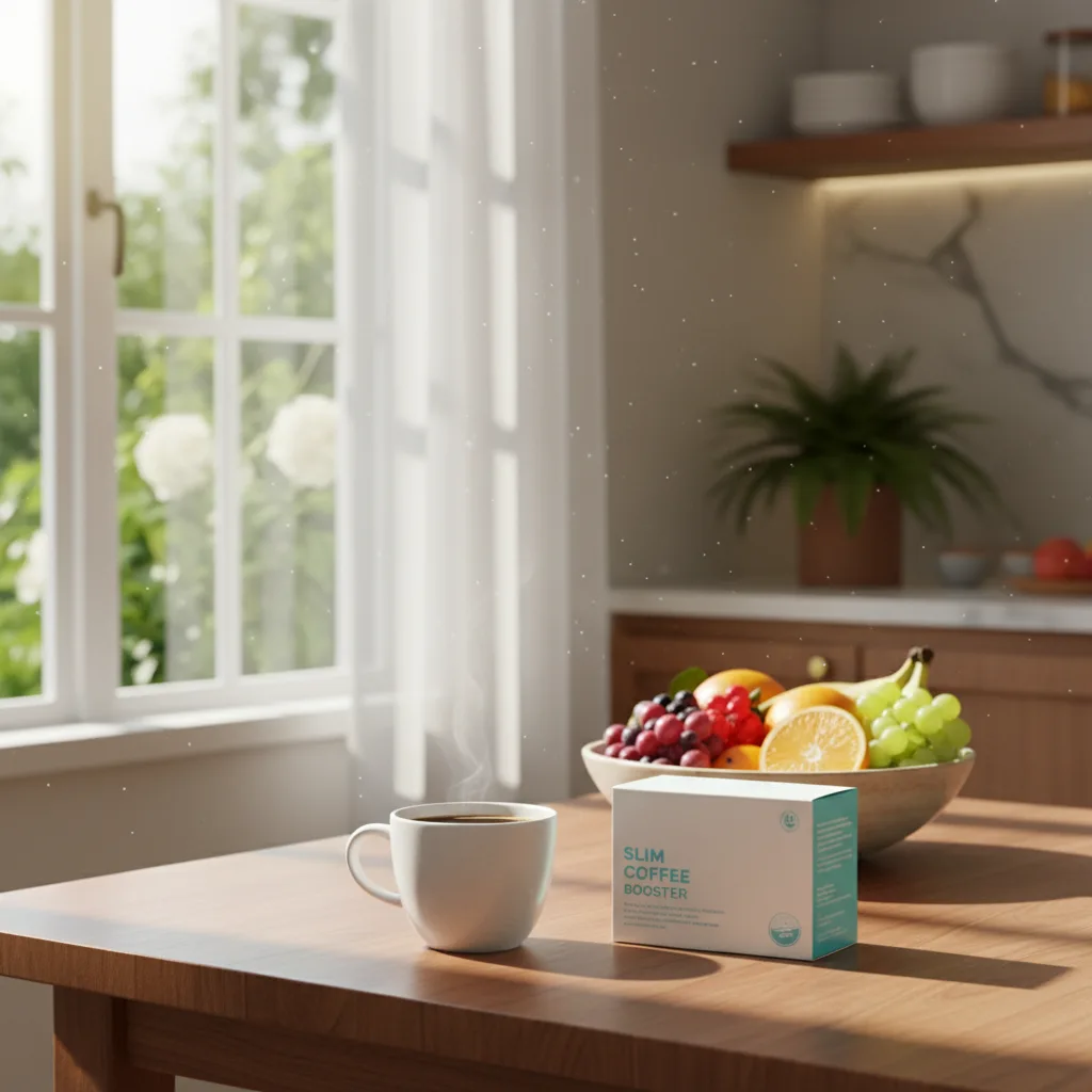 Bright morning kitchen with coffee mug and supplement box